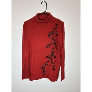 Vtg sweater women XL SML Design Red TURTLE Neck black Embroidery Long Sleeve